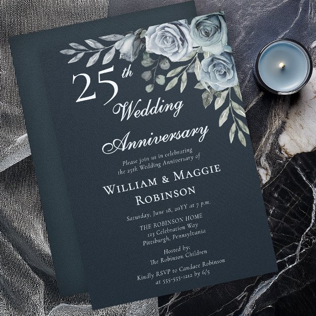 Invitation Elegant Navy Floral 25th Wedding Anniversary (Elegant navy floral 25th anniversary invitation with romantic watercolor roses)