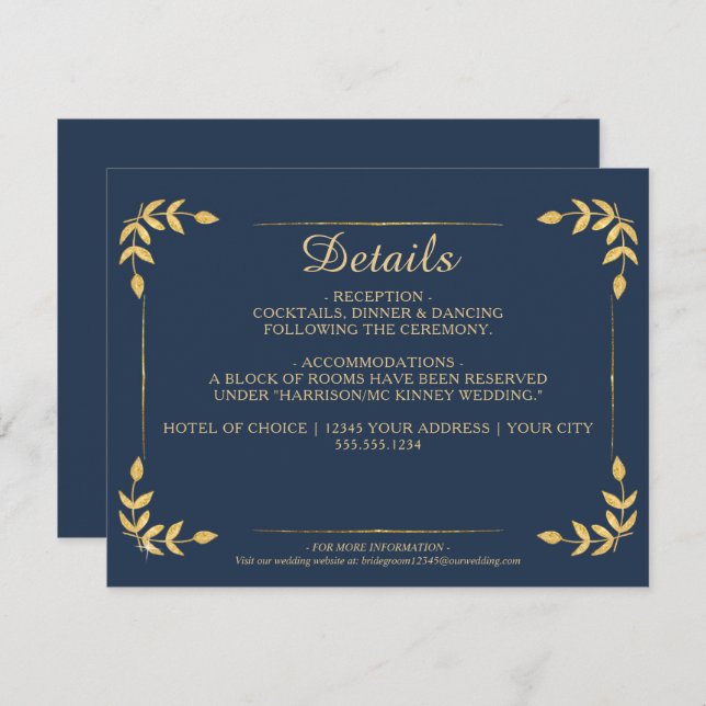 Invitation Elegant Navy Gold Greenery Classy Détails du Maria (Devant / Derrière)