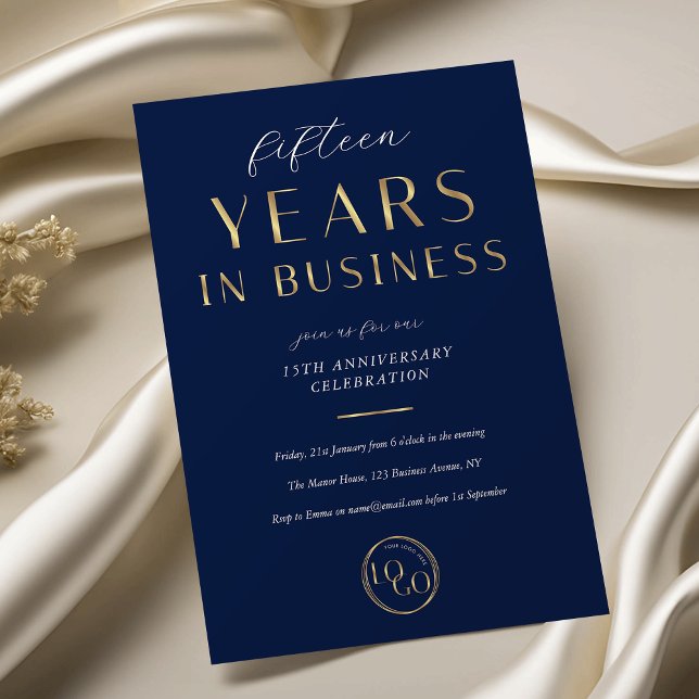 Invitation Elegant Navy & Gold Logo Business Anniversary (Créateur téléchargé)