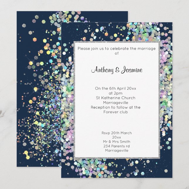 INVITATION ELEGANT NAVY HOLOGRAPHIQUE PASTEL MARIAGE (Devant / Derrière)