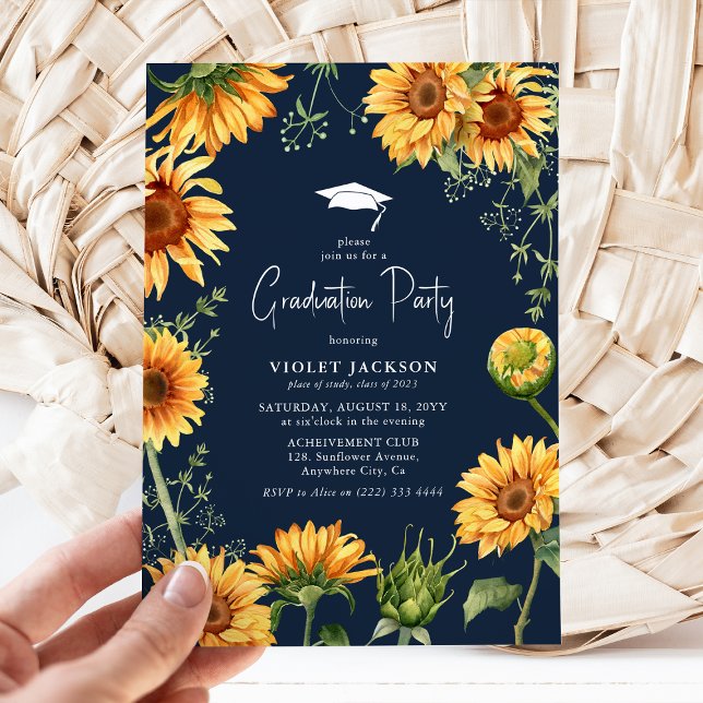 Invitation Élégant Navy & Jaune Tournesol Floral Diplômé  (Créateur téléchargé)