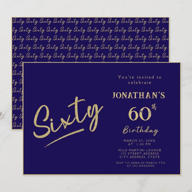Invitation Élégant Navy Or Brush Script 60e Anniversaire (Devant / Derrière)