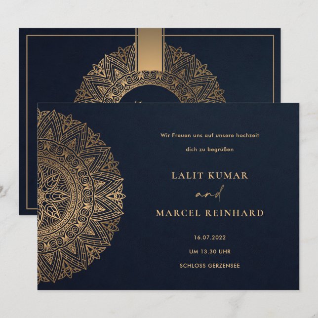 INVITATION ÉLÉGANT NAVY OR CLASSIQUE ORNÉ MANDALA MARIAGE (Devant / Derrière)