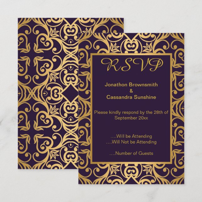 INVITATION ÉLÉGANT NAVY OR OR FLORAL RSVP (Devant / Derrière)