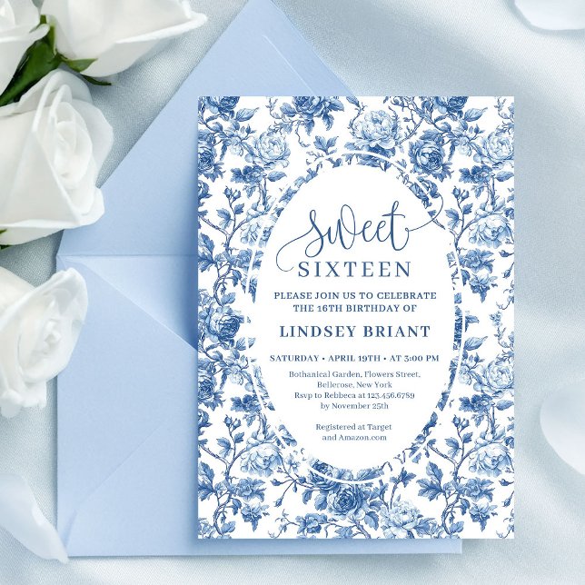 Invitation Elegant Navy Roses Digital Floral Sweet Sixteen (French toile de jouy flowers,
Luxurious navy roses 16TH birthday,
dusty Blue flowers botanical garde)