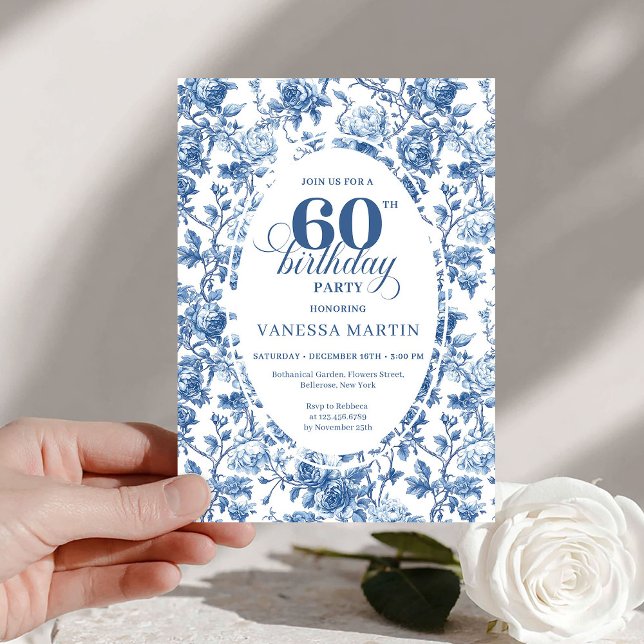 Invitation Elegant Navy Roses French Toile 60th Birthday (This digital 60th birthday invitation is the perfect blend of timeless style and modern convenience.)