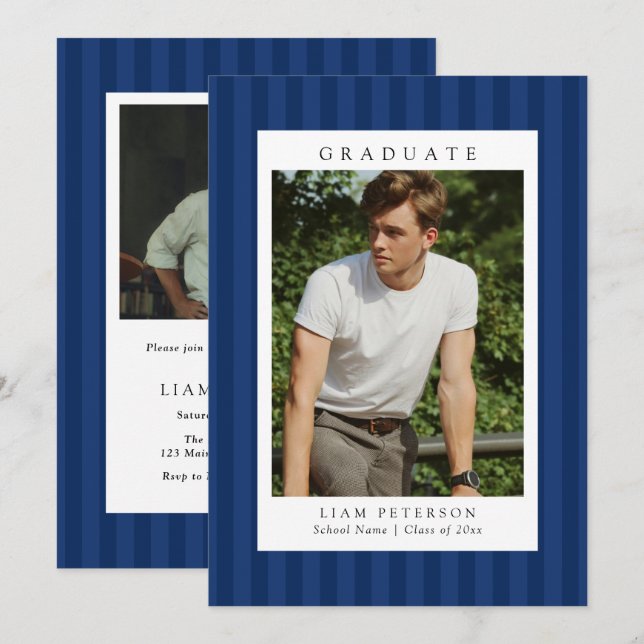 Invitation Elegant Navy Stripes 2 Photo Graduation Party (Devant / Derrière)