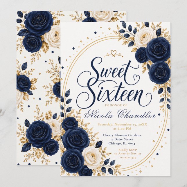 Invitation Élégant Navy Sweet 16 (Devant / Derrière)