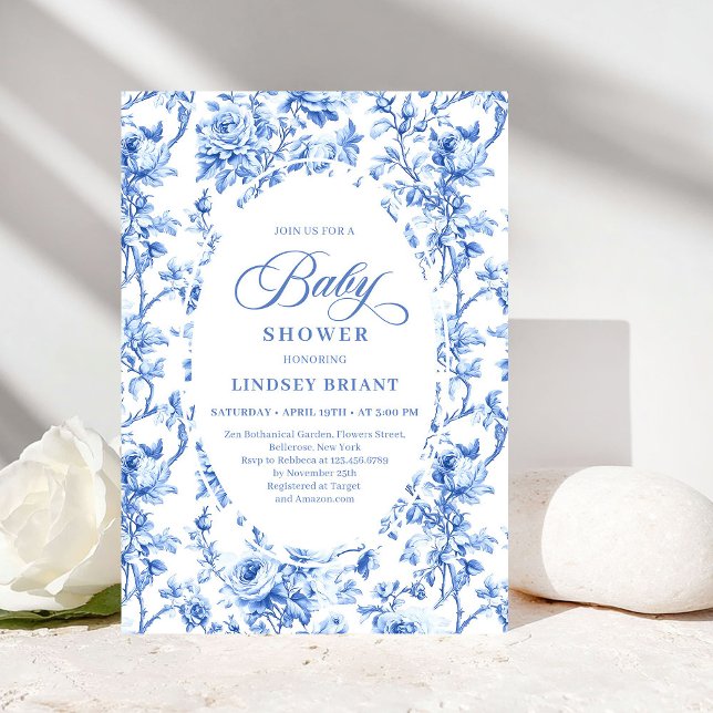 Invitation Elegant Navy Toile de Jouy Rose Baby Shower Invite (Luxury Navy Blue Toile Rose Baby Shower Invitation)
