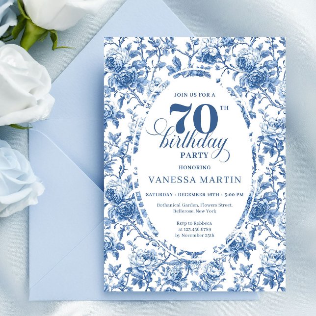 Invitation Elegant navy toile roses seventieth birthday party (Elegant navy toile roses seventieth birthday party invitation

)