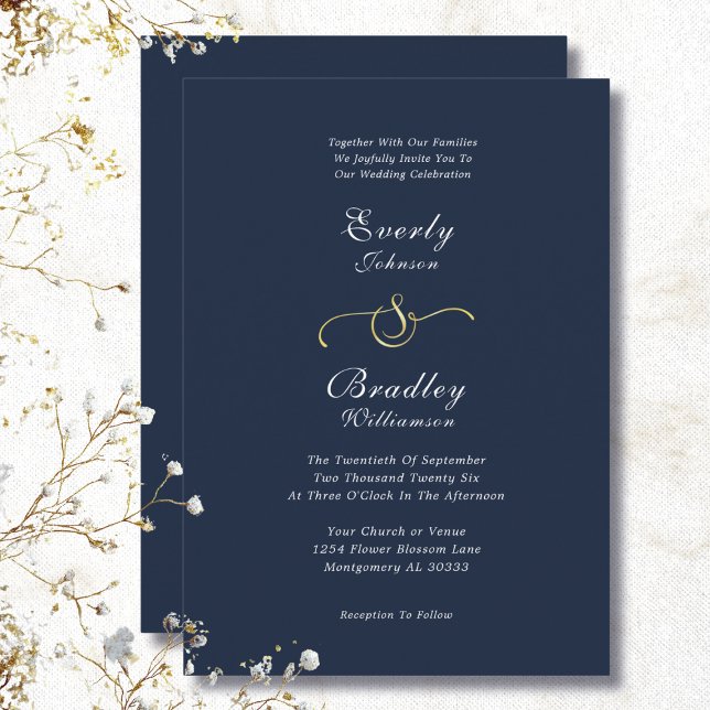Invitation  Elegant Navy White Gold Minimalist Wedding (Créateur téléchargé)