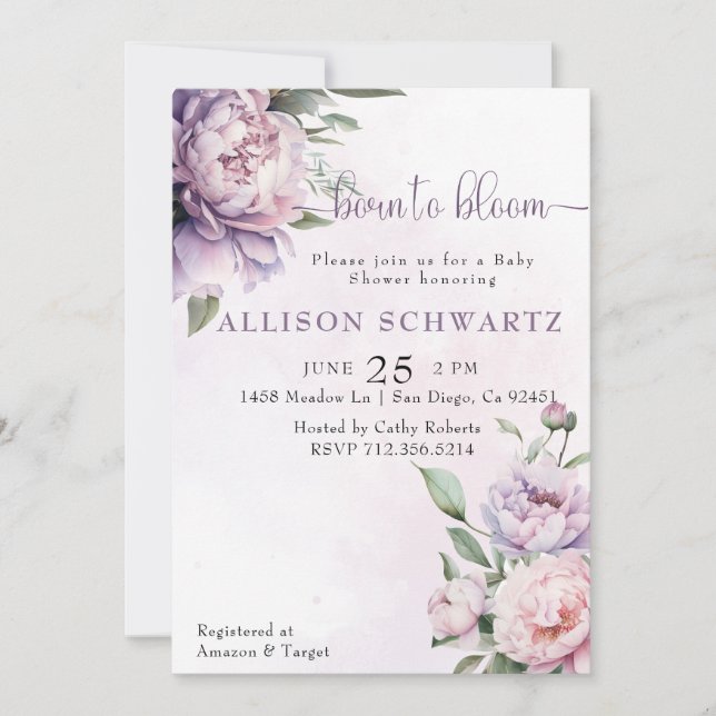 Invitation Elégant Né à Bloom Baby shower fleuri violet (Devant)