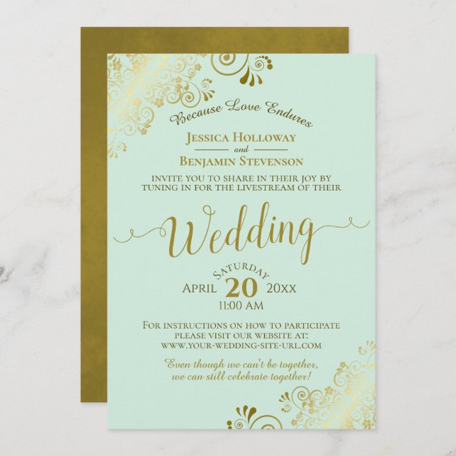 Invitation Elégant Neo Mint Green & Gold Mariage Livestream (Devant / Derrière)