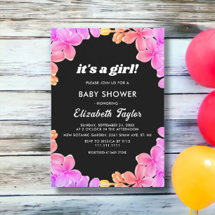 Invitation Elégant Neon Lights Rose Floral Girl Baby shower