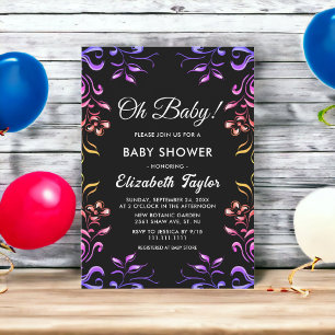 Invitation Elégant Neon moderne Rose Black Floral Baby shower