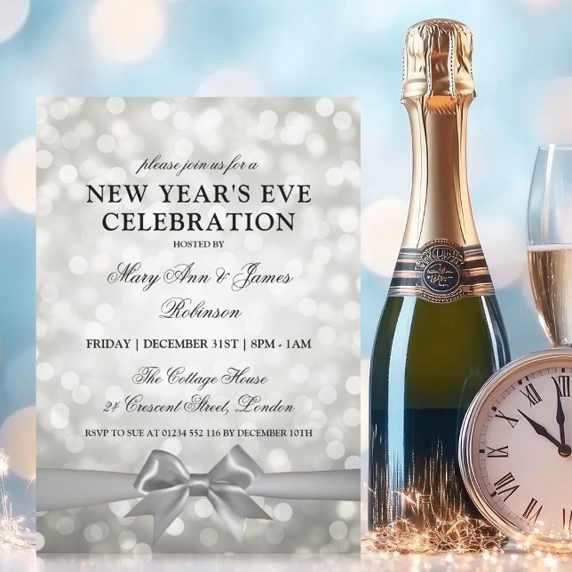 Invitation Elegant New Years Eve Silver Bokeh Lights Bow (Elegant New Years Eve Silver Bokeh Lights Bow Invitation)