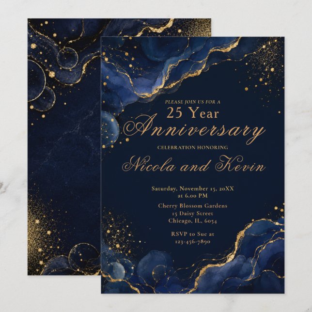 Invitation Élégant Noces d'Argent à l'Encre d'Alcool Or et Bl (Devant / Derrière)