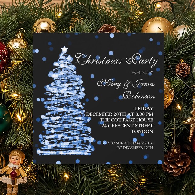 Invitation Elégant Noël Bokeh Tree Fête de Vacances Bleu (Elegant Christmas Bokeh Tree Holiday Party Blue Invitation)