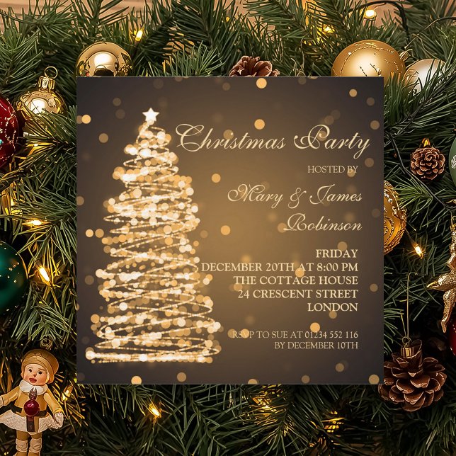 Invitation Élégant Noël Bokeh Tree Holiday Party Gold (Elegant Christmas Bokeh Tree Holiday Party Gold Invitation)