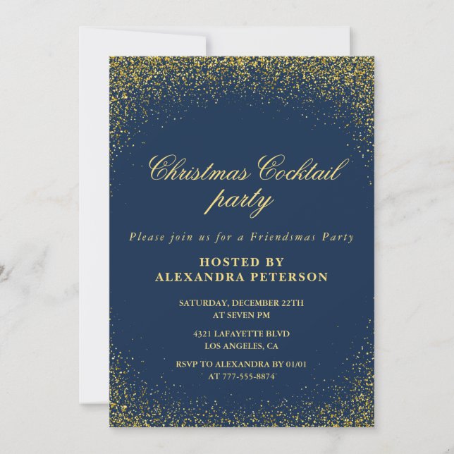 Invitation Élégant Noël Cocktail Party Gold Navy Glam (Devant)
