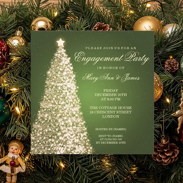 Invitation Élégant Noël Engagement Party Gold Green (Elegant Christmas Engagement Party Gold Green Invitation)