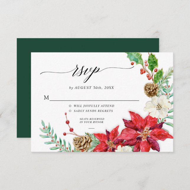 Invitation Élégant Noël Floral Bourgogne Rouge Foliage RSVP (Devant / Derrière)