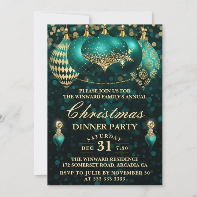 Invitation Élégant Noëldîner avec des boules sarcelle et or (Devant)