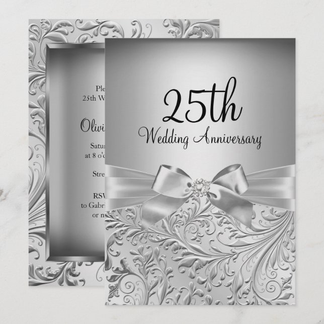 Invitation Élégant Nœud Argenté Tourbillon Floral 25e Anniver (Devant / Derrière)