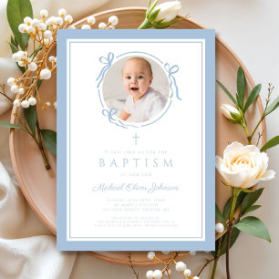 Invitation Élégant Nœud Bleu Bébé Garçon Photo Baptême