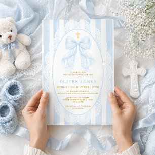 Invitation Élégant Nœud Bleu & Croix Baptême Garçon