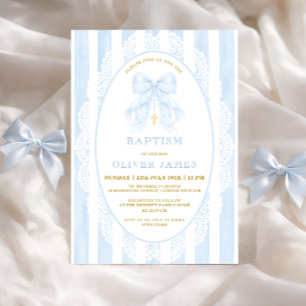 Invitation Élégant Nœud Bleu et Croix Baptême Garçon