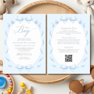 Invitation Élégant Nœud Bleu Tout-en-un pour Baby-Shower Garç