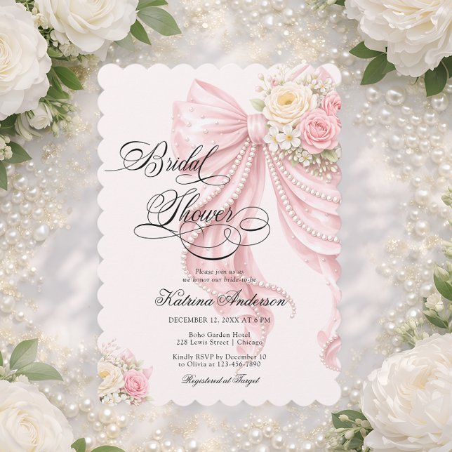 Invitation Élégant Nœud de Perle Fleurs Rose Baby Shower de M (Créateur téléchargé)