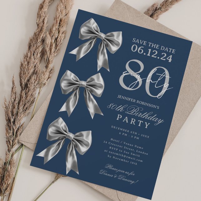 Invitation Élégant noeud papillon Coquette Save the Date 80e  (Silver Coquette Bow Save Date 80th Birthday Navy Invitation)