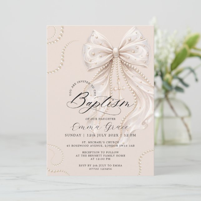 Invitation Elégant Nœud Papillon et Baptême de Perle (Debout devant)