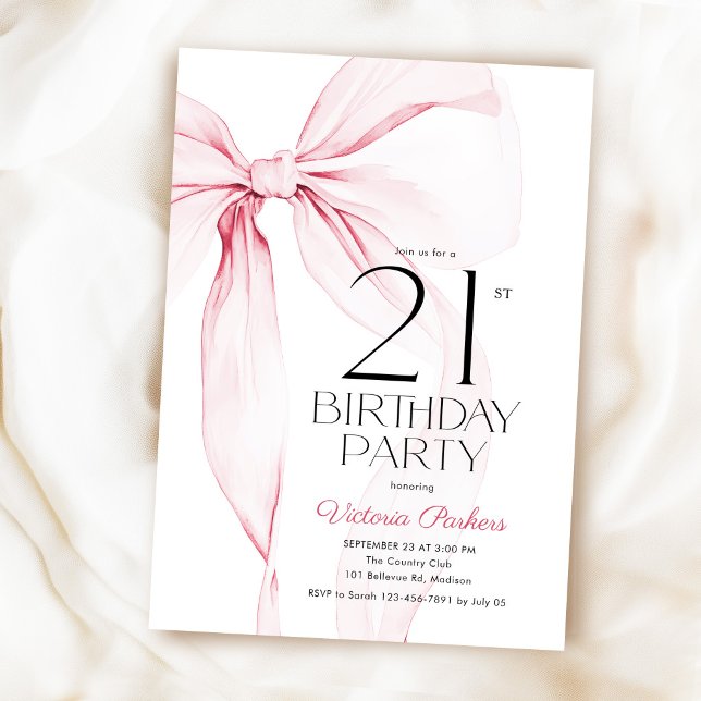 Invitation Elégant Nœud Papillon Rose 21e Anniversaire (Créateur téléchargé)