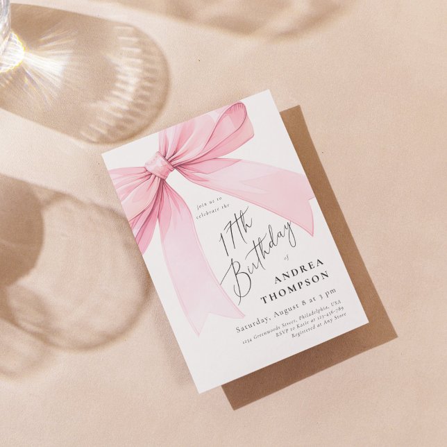 Invitation Élégant Nœud Papillon Rose Coquette 17e Anniversai (Créateur téléchargé)