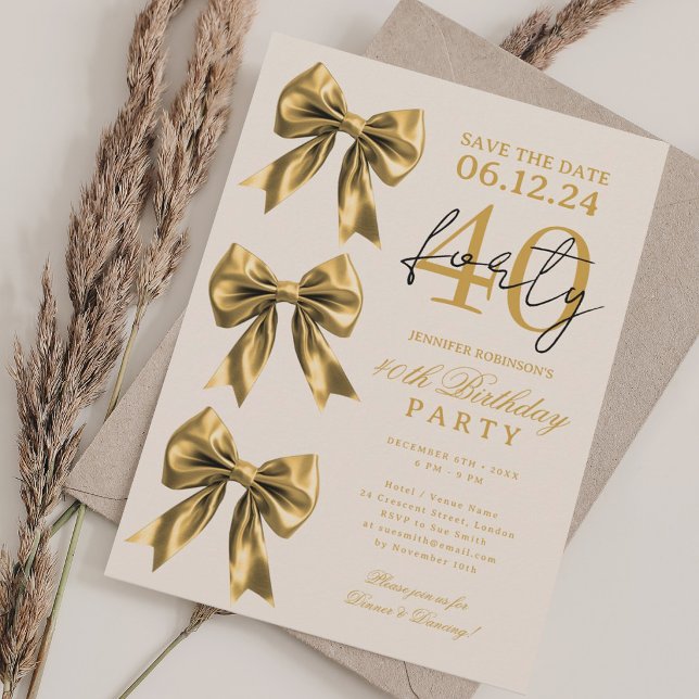 Invitation Élégant noeud papillon Save Date 40e anniversaire  (Gold Coquette Bow Save Date 40th Birthday Beige Invitation)