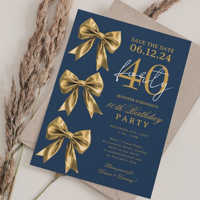 Invitation Élégant noeud papillon Save Date 40e anniversaire  (Gold Coquette Bow Save Date 40th Birthday Navy Blu Invitation)