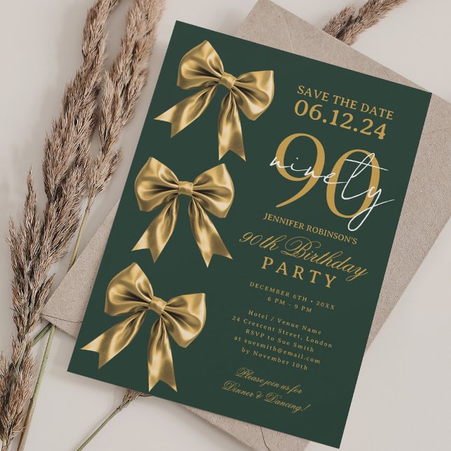 Invitation Élégant noeud papillon Save the Date 90e anniversa (Gold Coquette Bow Save Date 90th Birthday Green Invitation)