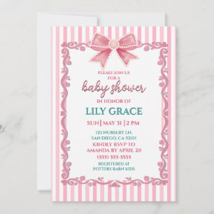 Invitation Élégant Nœud Rose et Baby Shower Vintage Rose