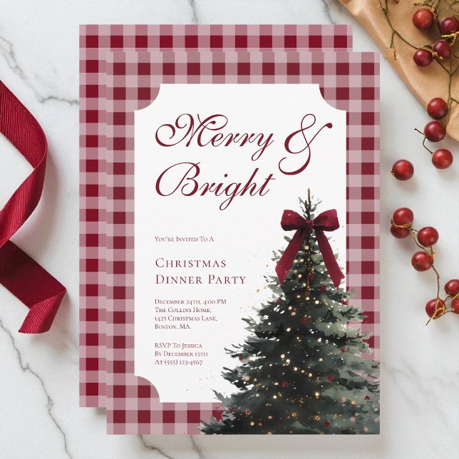 Invitation Élégant Nœud Rouge Gingham Soirée de Noël pour le  (Elegant Gingham Red Bow Christmas Dinner Party Invitation)