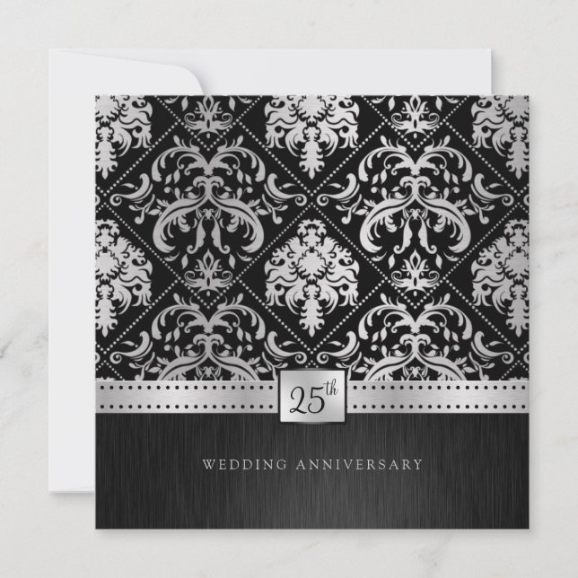 Invitation Élégant Noir & Argent 25e Anniversaire de Mariage (Devant)
