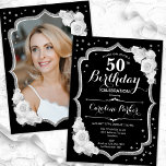 Invitation Elégant noir argent blanc photo 50e anniversaire<br><div class="desc">Elégante invitation à 50ème anniversaire fleurie avec votre photo au dos de la carte. Design noir et blanc glam avec fausse parties scintillant argent. Comprend des roses blanches, des caractères de script et des confettis. Parfait pour une fête anniversaire adulte élégante. Personnalisez avec vos propres détails. Peut être customisé pour...</div>