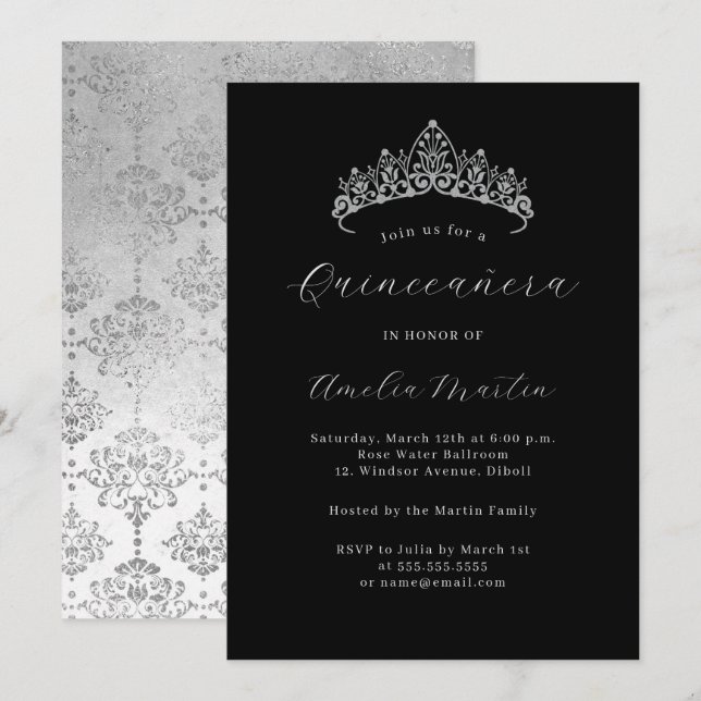 Invitation Elégant noir argent Damask Tiara Quinceanera (Devant / Derrière)