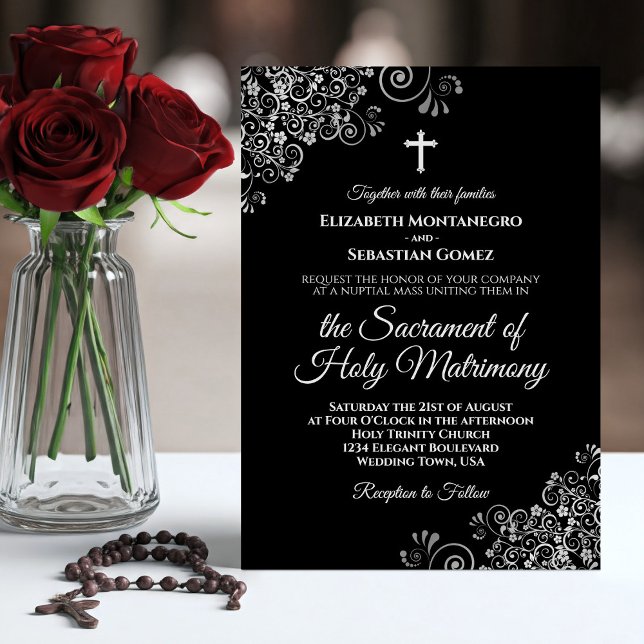 Invitation Élégant noir & argent Mariage catholique moderne (Créateur téléchargé)