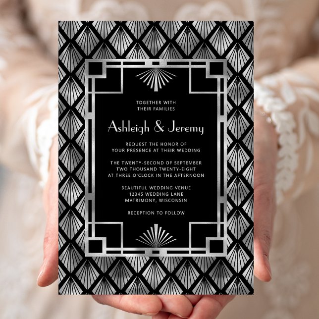 Invitation Élégant Noir Argent Vintage Déco Mariage Motif (Créateur téléchargé)