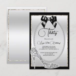 Invitation Elegant Noir Bijou Argent Nœud & Stiletto Annivers