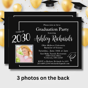 Invitation Elégant noir blanc 4 Photos Graduation Party