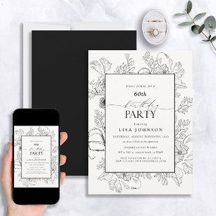 Invitation Elégant noir blanc 60e anniversaire Floral Line Ar